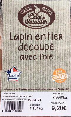 Lapin entier découpé avec foie