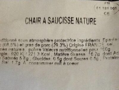 Chair à saucisse nature nutrition facts table