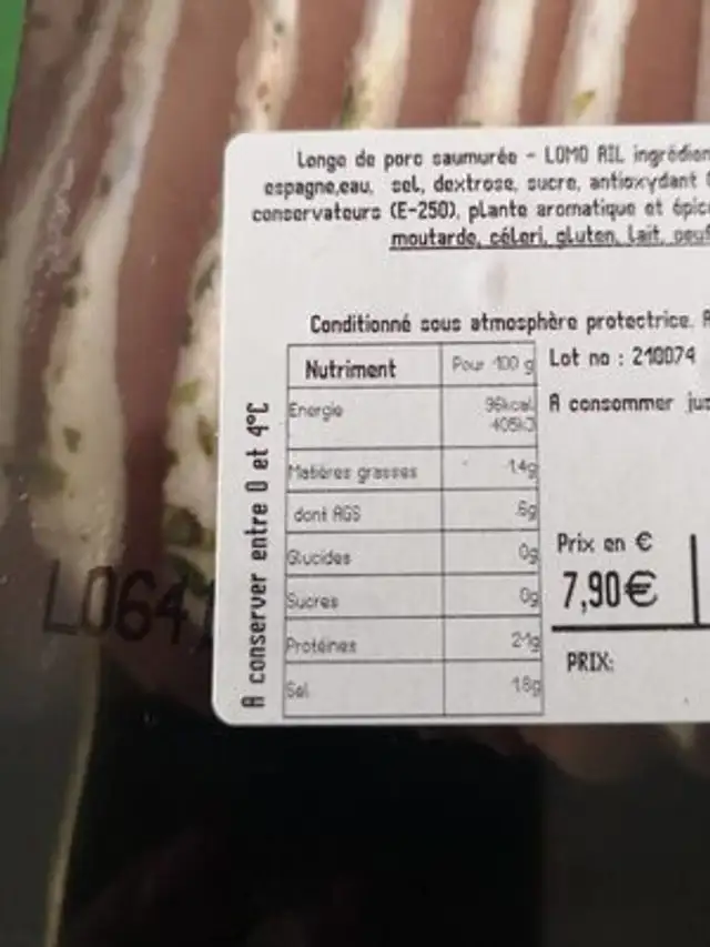 Lomo à l'ail nutrition facts table