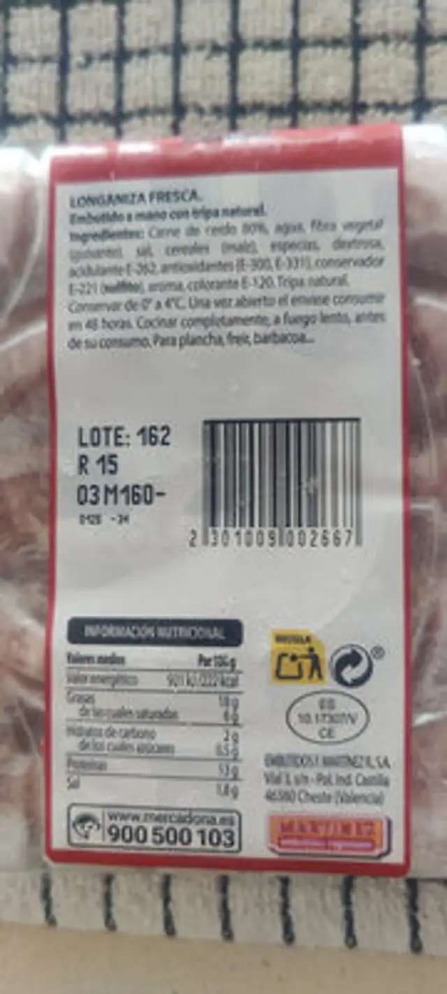 Longaniza fresca ingredients label