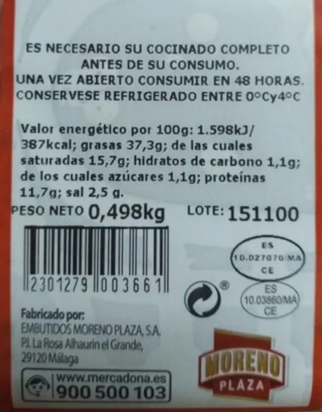 Chorizo fresco de cerdo ibérico nutrition facts table