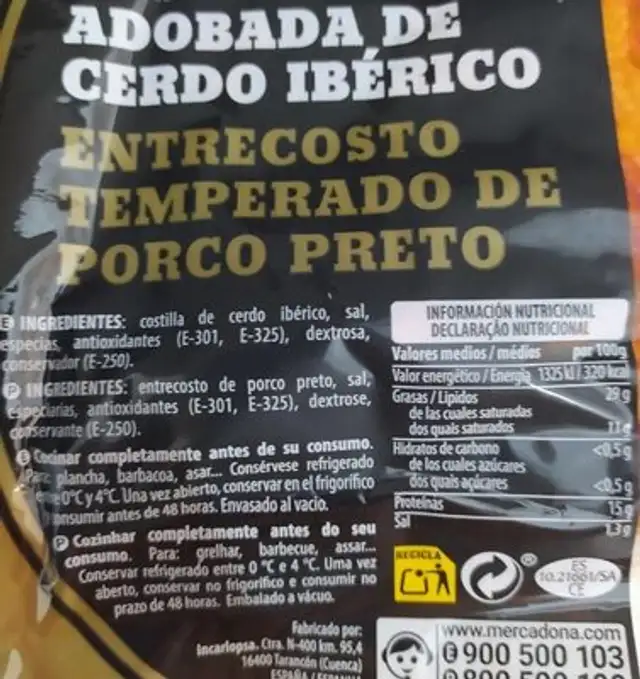 Costilla adobada de cerdo ibérico nutrition facts table