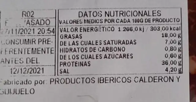 Lomo nutrition facts table