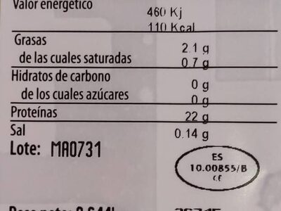 Filete de pollo nutrition facts table