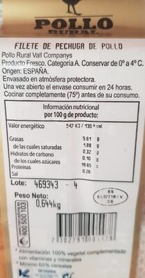 Filete de pechuga de pollo rural nutrition facts table