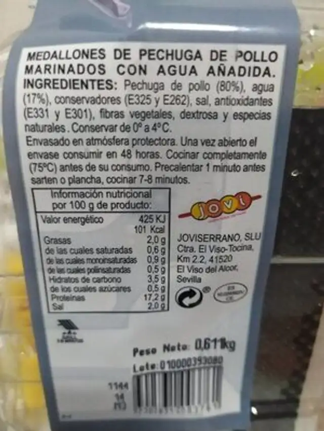 Pechuga marinada nutrition facts table