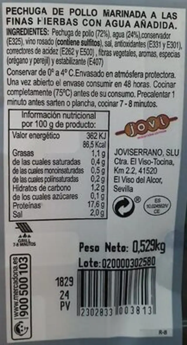 Pechuga finas hierbas nutrition facts table