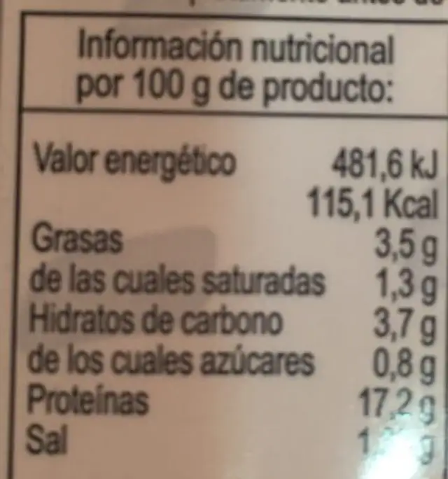 Pavo nutrition facts table