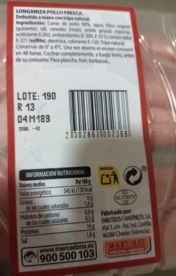 Longaniza pollo fresca front packaging