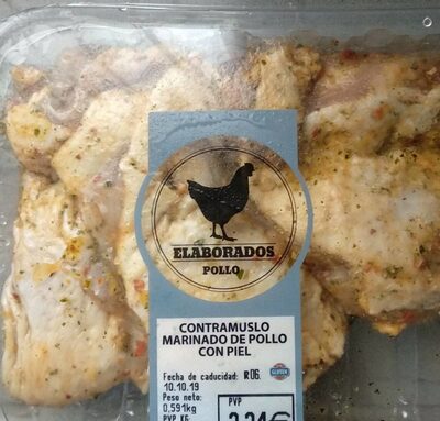 Contramuslo marinado de pollo con piel front packaging