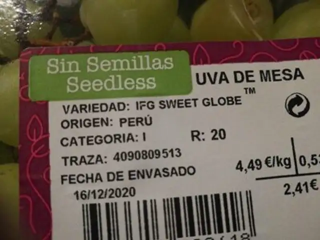Uvas blancas sin pepitas ingredients label