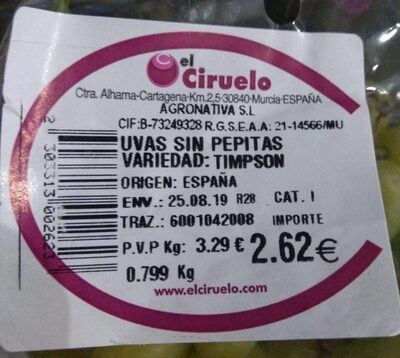 Uvas sin pepitas front packaging