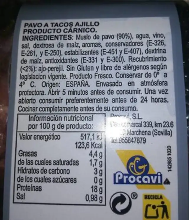 Pavo a tacos ajillo nutrition facts table