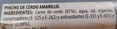 Pincho amarillo con perejil ingredients label