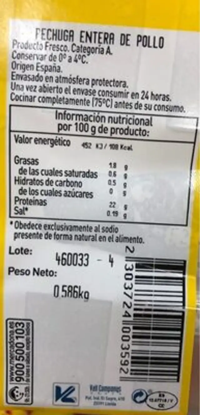 Pechuga de pollo entera nutrition facts table