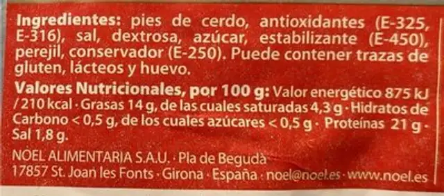Pies de cerdo asados nutrition facts table