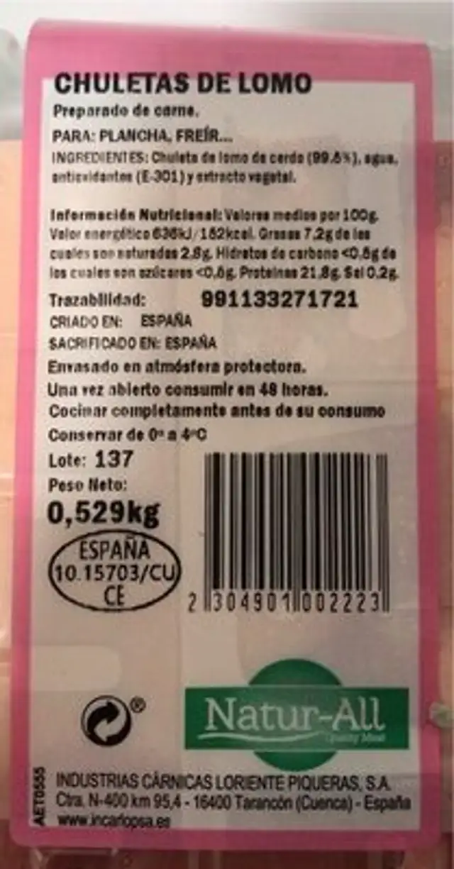Chuletas de lomo nutrition facts table