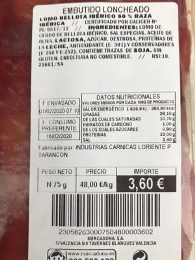 Lomo bellota ibérico nutrition facts table