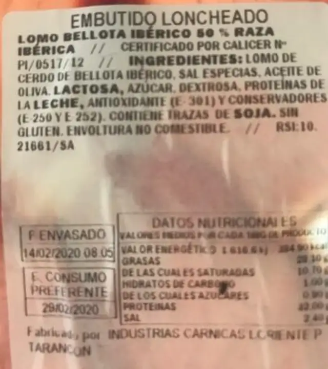 Lomo bellota ibérico nutrition facts table