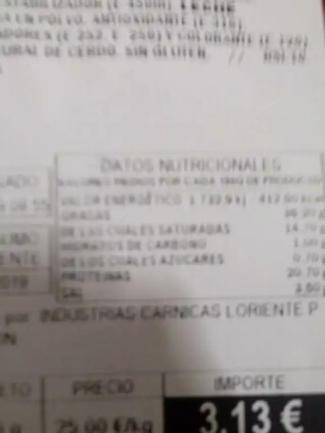 Chorizo de cebo ibérico nutrition facts table