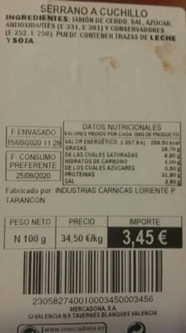 Jamón reserva nutrition facts table