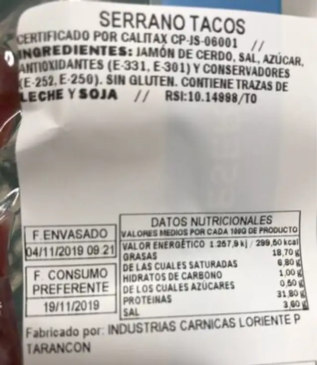Serrano a tacos nutrition facts table