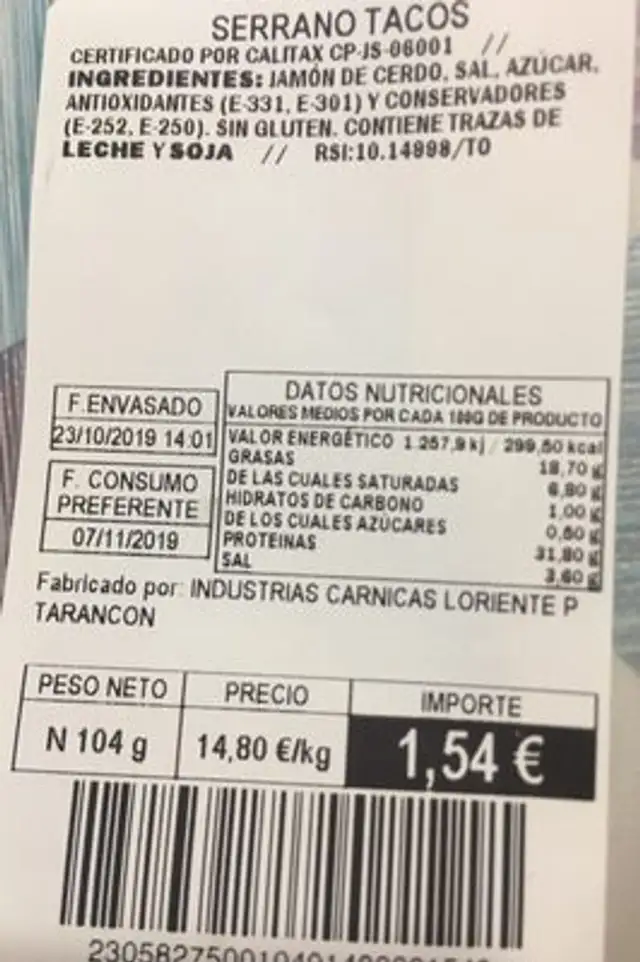 Jamón reserva tacos nutrition facts table