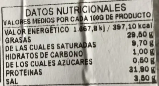 Unknown nutrition facts table