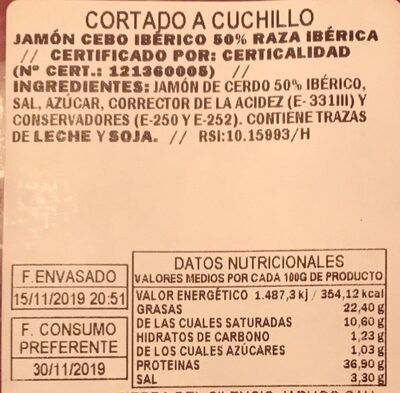 Jamón de cebo ibérico nutrition facts table