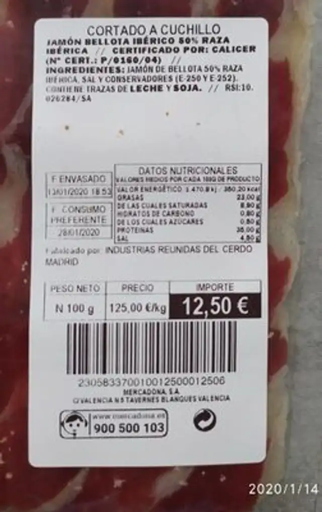 Jamón de bellota ibérico nutrition facts table
