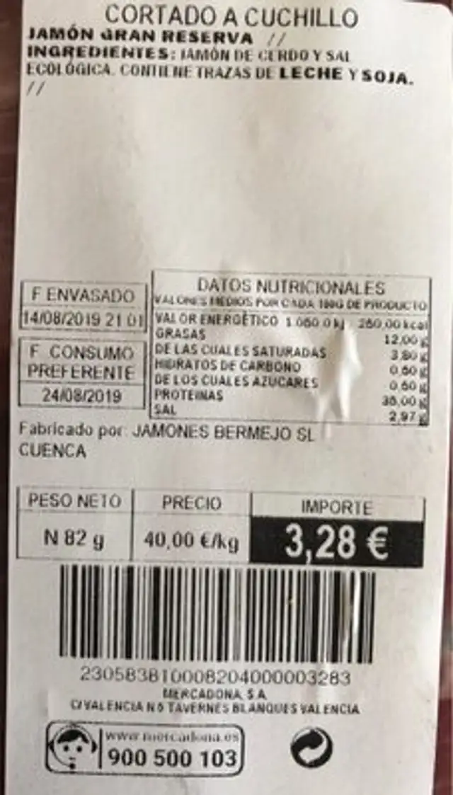Jamón gran reserva nutrition facts table