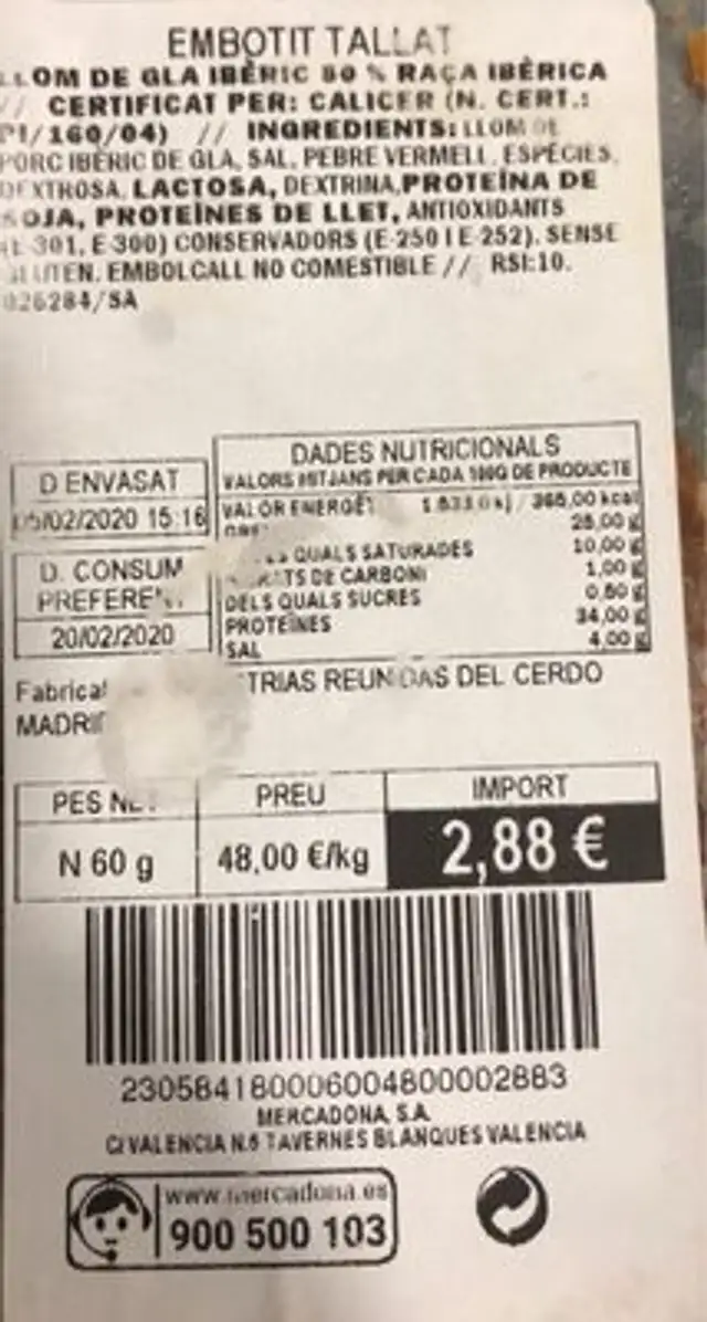 Caña de lomo iberica nutrition facts table