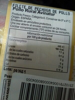 Filete pechuga pollo rural nutrition facts table