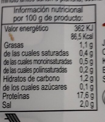 Pechuga finas hierbas nutrition facts table