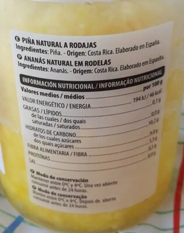 Piña nutrition facts table