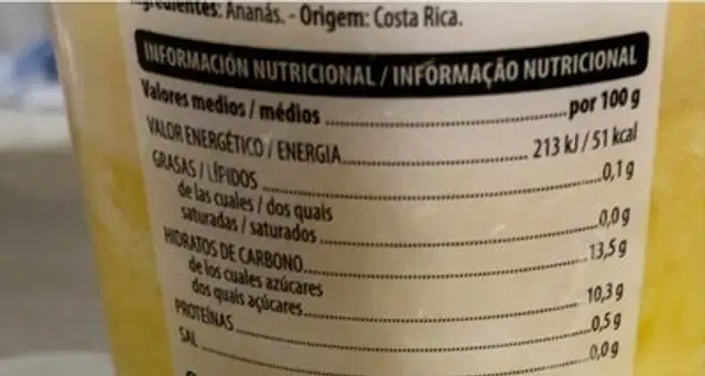 Piña pelada natural nutrition facts table