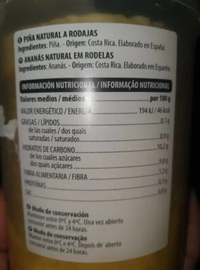PIÑA NATURAL A RODAJAS nutrition facts table
