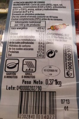 Pinchos c/varilla nutrition facts table