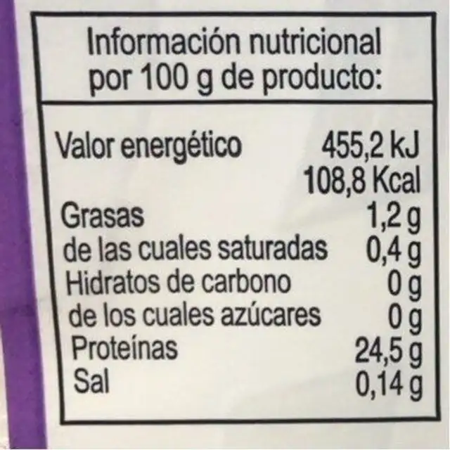 Solomillo de pavo nutrition facts table
