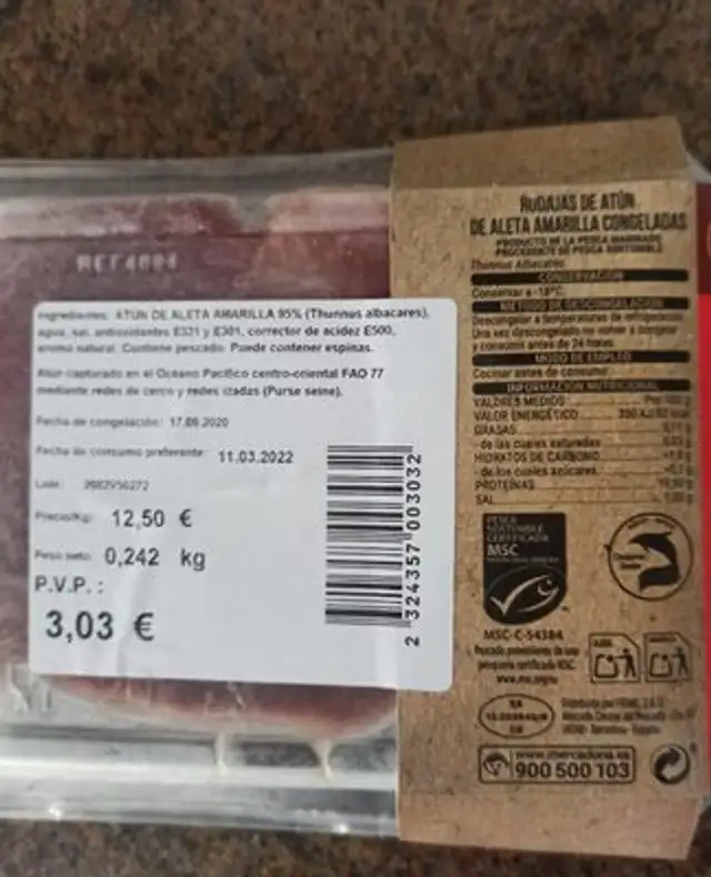 Atún de aleta amarilla nutrition facts table