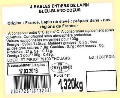 4 Râbles entiers de lapin Bleu-Blanc-Cœur ingredients label