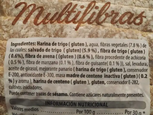 Pan multifibras ingredients label