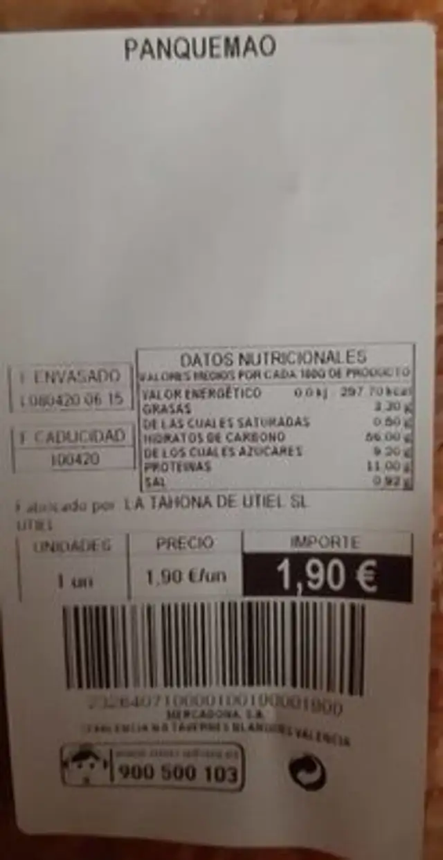 Panquemao nutrition facts table