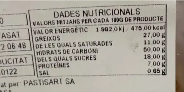 Cargol Xocolata nutrition facts table