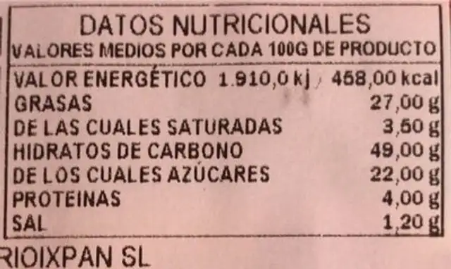 BIZCOCHO S/GL S/LACT nutrition facts table