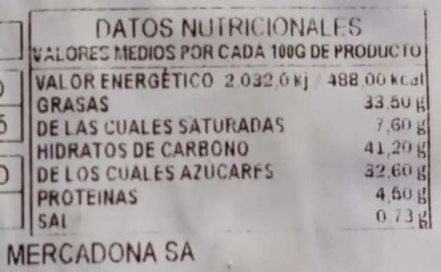 Bizcocho Choco SG nutrition facts table