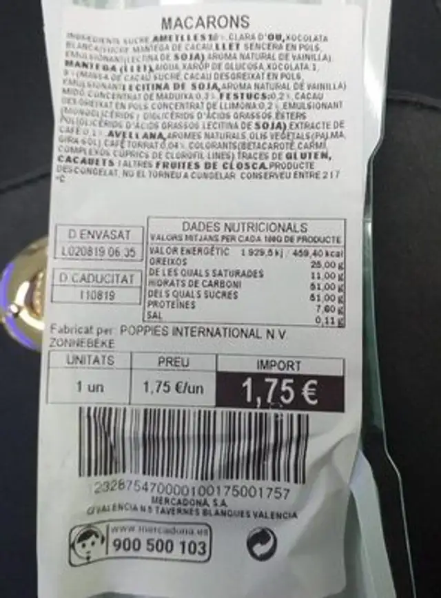 Macarons nutrition facts table