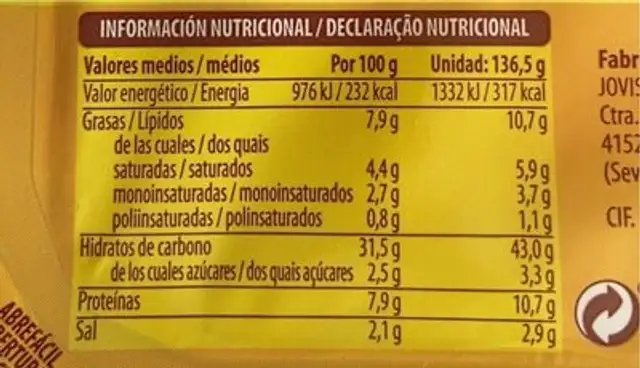 Flautas de Pollo y Queso nutrition facts table
