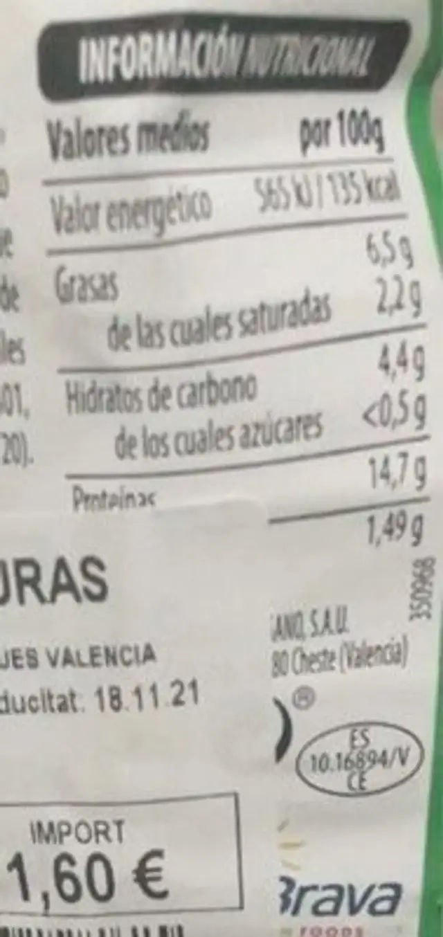 Burger de pollo y verduras nutrition facts table