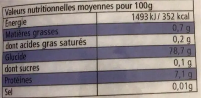 Riz Long Basmati nutrition facts table
